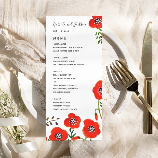 Modernes Blumenmenü Menükarte (Red poppies modern floral wedding menu)