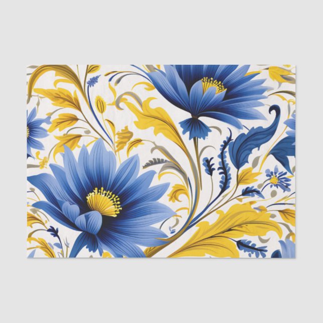 Modernes Blumenmuster mit blau und gelb Seidenpapier (Vorderseite)