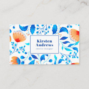 Modernes Blumenmuster mit blauen orangefarbenen Bl Visitenkarte