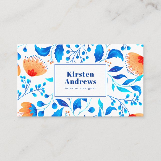Modernes Blumenmuster mit blauen orangefarbenen Bl Visitenkarte (Vorderseite)