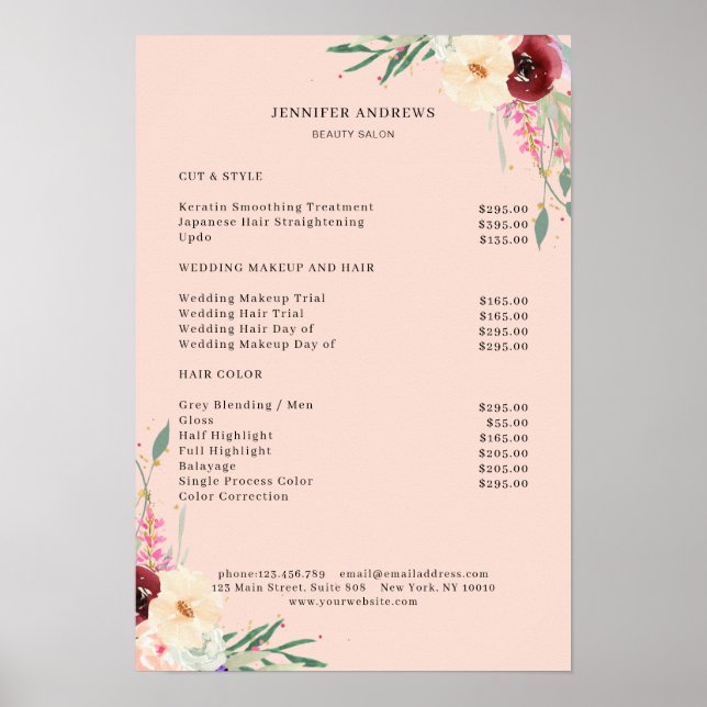 Modernes Blumenpreisliste-Poster Poster (Vorne)
