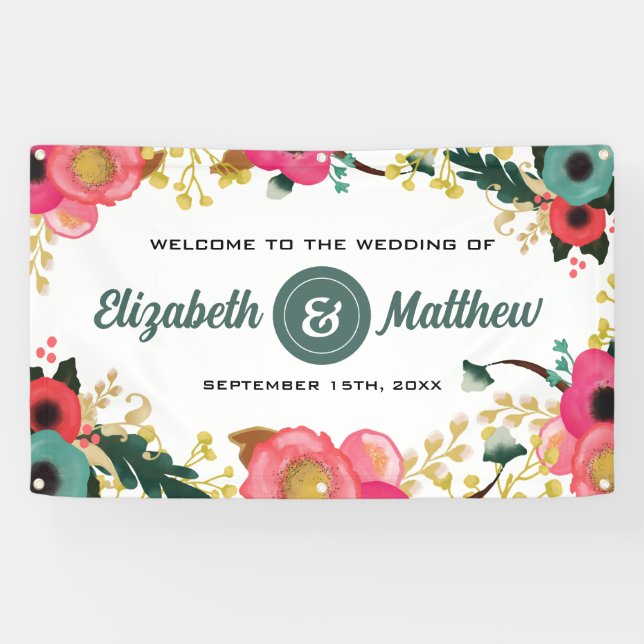 Modernes Blumenrosa Aquamarines Hochzeitsbanner Banner (Horizontal)