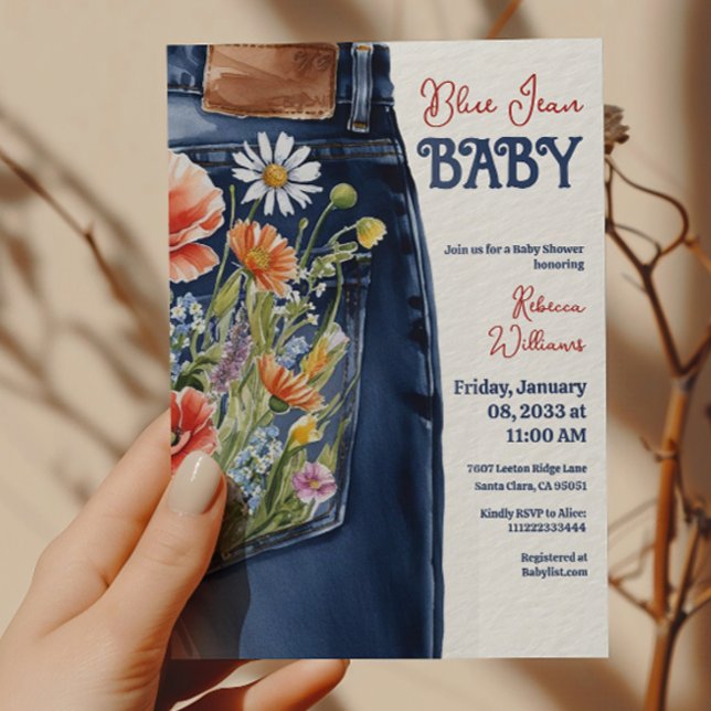 Modernes Blumenrot Denim Blue Jean Baby Dusche Einladung (Von Creator hochgeladen)