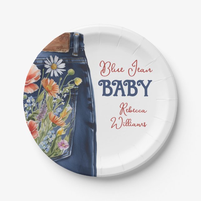 Modernes Blumenrot Denim Blue Jean Baby Dusche Pappteller (Vorderseite)