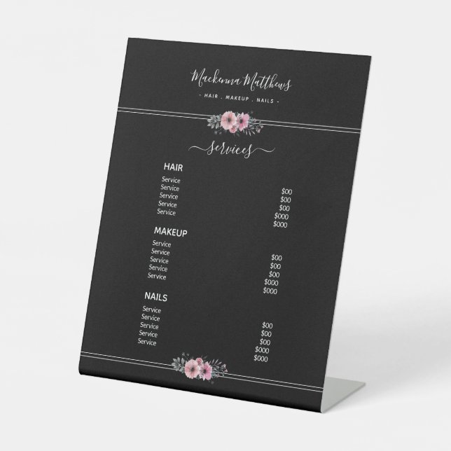 Modernes, blumensignaturfarbenes Black Salon Servi Sockelschild (Vorderseite)