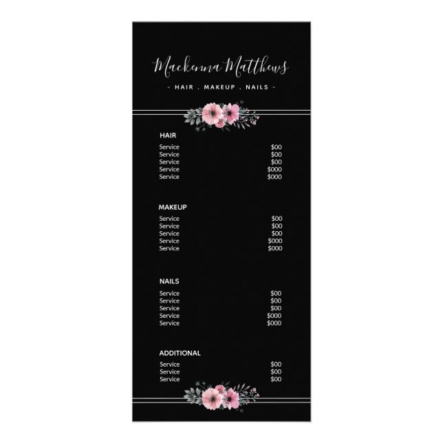 Modernes, blumensignaturfarbenes Black Salon Servi Werbekarte (Vorne)
