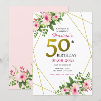 Modernes, blumenweißes Rosa und Gold 50. Geburtsta Einladung