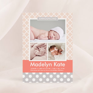 Modernes Blush Coral Muster Baby Girl Foto Birth Ankündigung