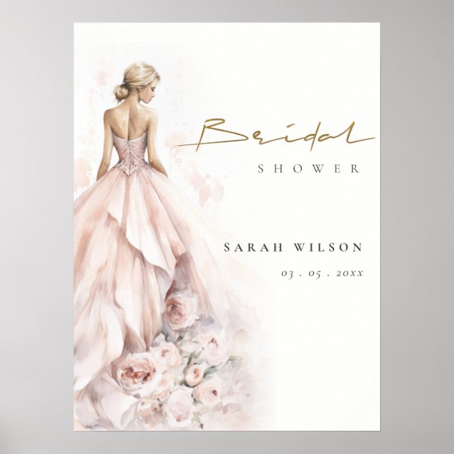 Modernes Blush Floral Wedding Gown Brautparty Poster (Vorne)