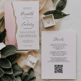 Modernes Blush Pink Gold Agate QR Code Hochzeit Einladung