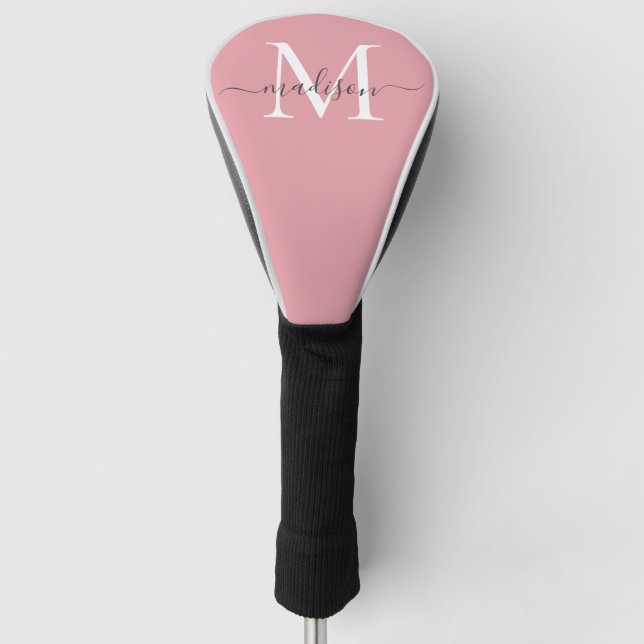 Modernes Blush Pink Monogram Girly Chic Grau Scrip Golf Headcover (Vorderseite)