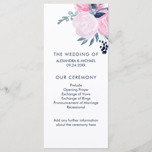 Modernes Blush Pink- und Navy-Floral-Hochzeitsprog Programm (Vorderseite)