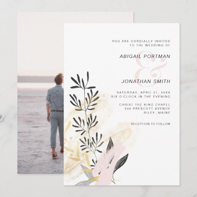 Modernes Blush und Black Botanical Wedding Foto Einladung (Vorne/Hinten)
