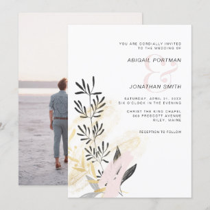 Modernes Blush und Black Botanical Wedding Foto Einladung