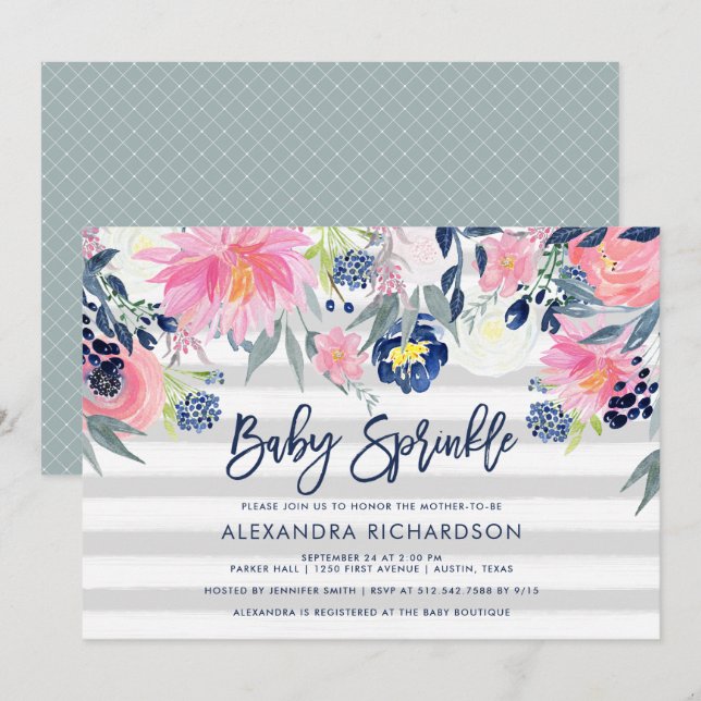 Modernes Blush und florales Baby Sprinkle Einladung (Vorne/Hinten)
