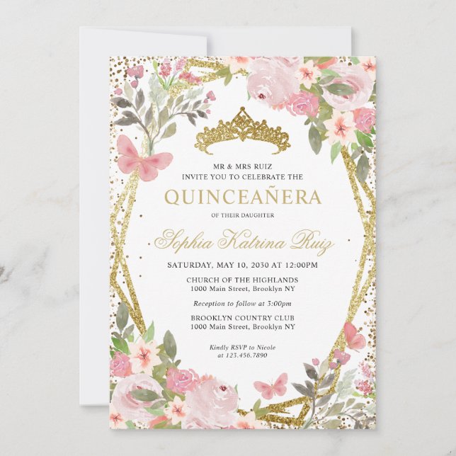 Modernes Blütenrosa Gold Tiara Quinceañera Einladung (Vorderseite)