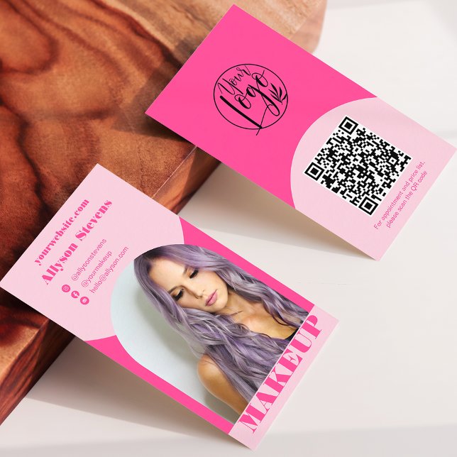Modernes Bogen-Make-up Rosa Foto qr-Logo Visitenkarte (Von Creator hochgeladen)