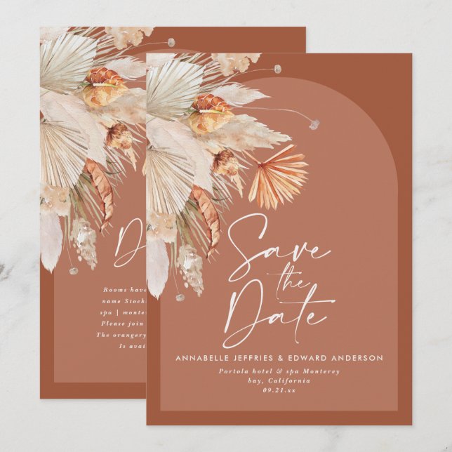 Modernes bohemianisches Terracotta Pampas Gras sti Save The Date (Vorne/Hinten)