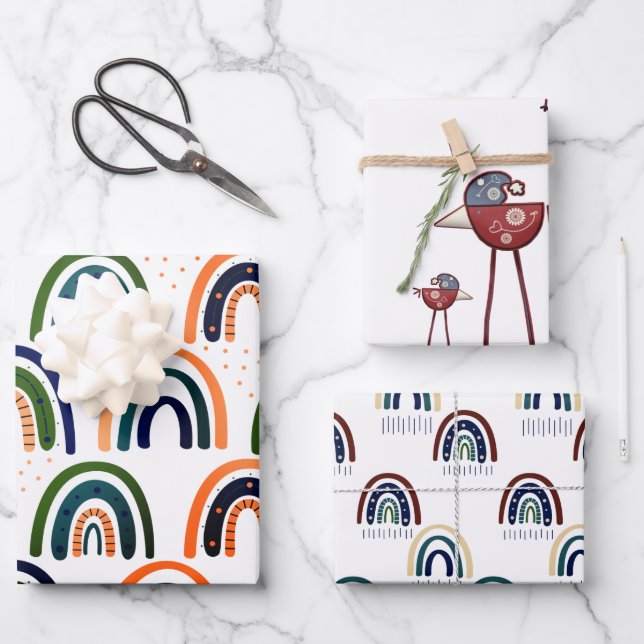 Modernes Bohemisches Nordic Bird- und Regenbogenmu Geschenkpapier Set (Vorderseite)