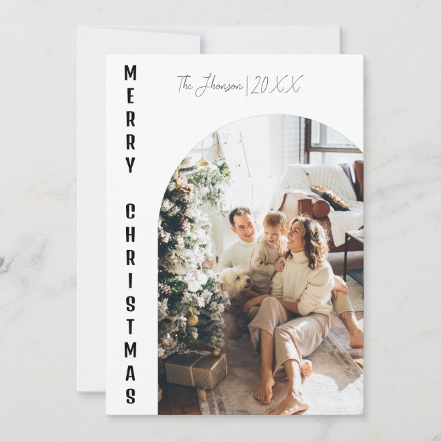 Modernes Boho arch Weihnachtsfamilie Foto fröhlich Einladung (Vorderseite)