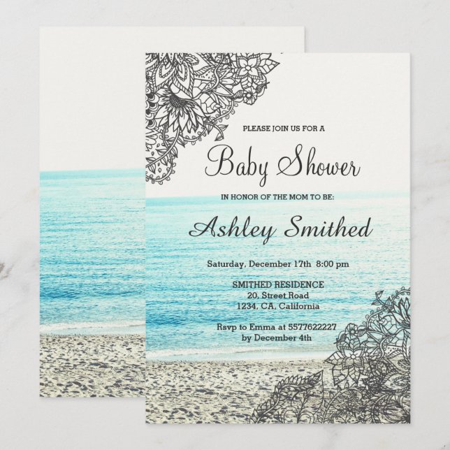 Modernes boho Blumenstrand-Fotografie-Babyparty Einladung (Vorne/Hinten)