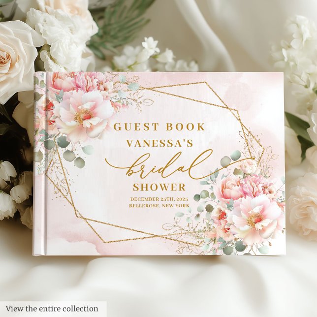 Modernes Boho Blush Gold Blumenrahmen Brautparty Gästebuch (Modern Blush Gold Floral Frame Bridal Shower Guest Book)