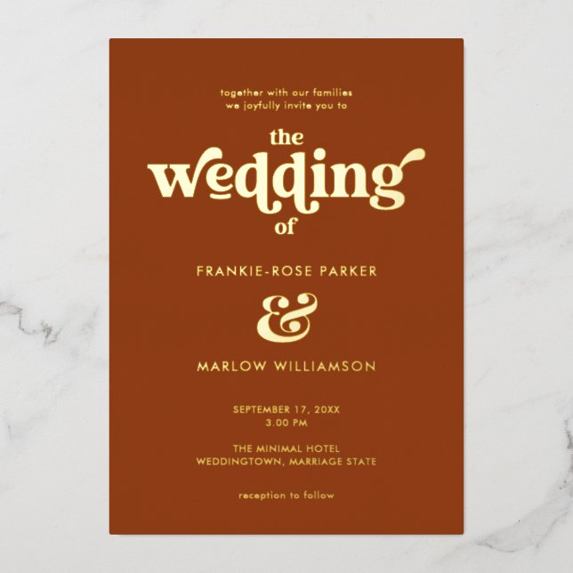 Modernes Boho Chic Retro Wedding Gold Folieneinladung (Vorderseite)