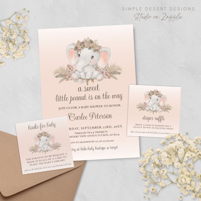 Modernes Boho Elephant Babydusche Windelwanne Raff Begleitkarte (Cute Elephant Baby Shower Card Inserts for Diaper Raffle and Book Request Cards with Invitation)
