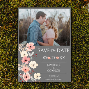 Modernes Boho Floral Foto Save the Date Grau