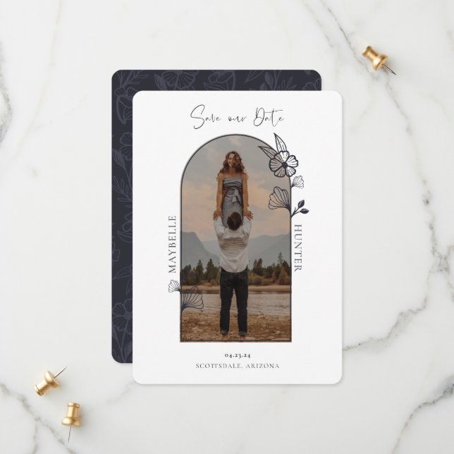 Modernes Boho Floral Rose Foto Schwarz & Weiß Save The Date (Vorderseite/Rückseite Beispiel)