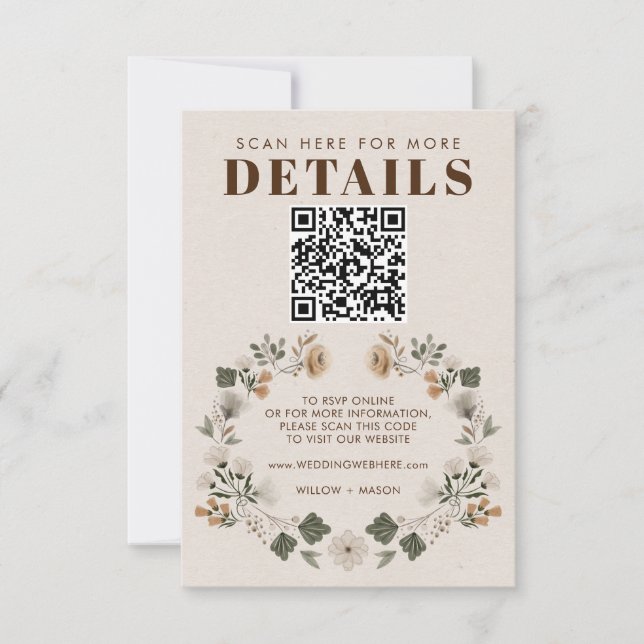 Modernes Boho Folk Wedding RSVP Details QR Code Karte (Vorderseite)
