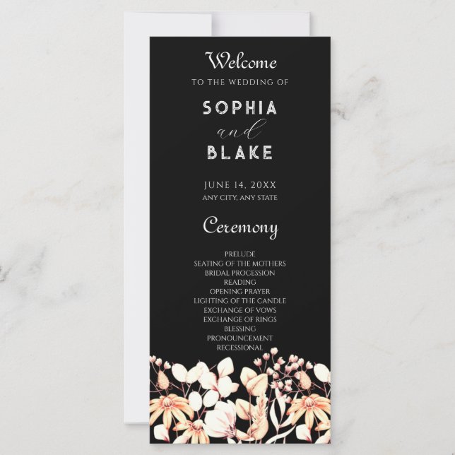 Modernes Boho Garden Black Wedding Programm (Vorderseite)