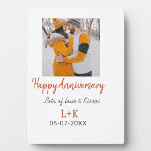 Modernes boho Happy Jubiläum Namensdatum orange hi Fotoplatte