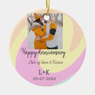 Modernes boho Happy Jubiläum Namensdatum orange hi Keramik Ornament