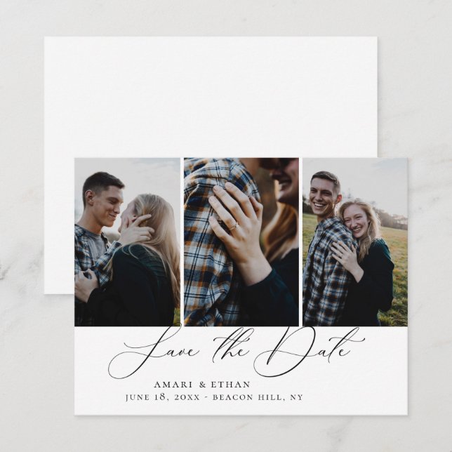 Modernes Boho Kalligrafie Multi-Foto Save the Date Ankündigung (Vorne/Hinten)