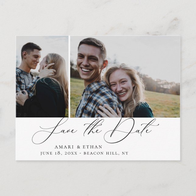 Modernes Boho Kalligrafie Multi-Foto Save the Date Ankündigungspostkarte (Vorderseite)