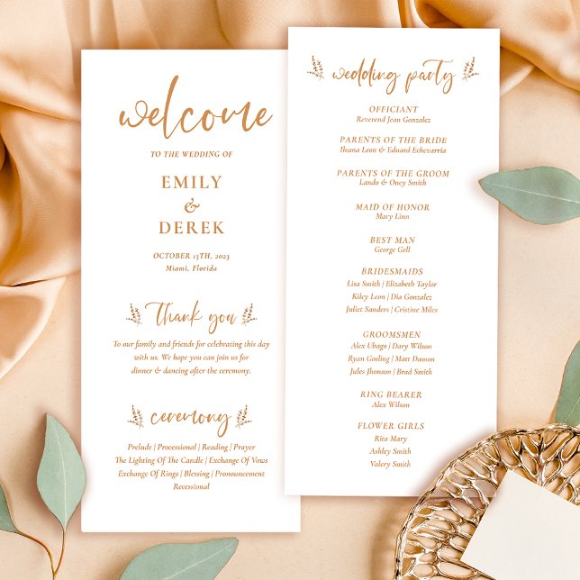 Modernes Boho Orange Floral Wedding Programm (Von Creator hochgeladen)