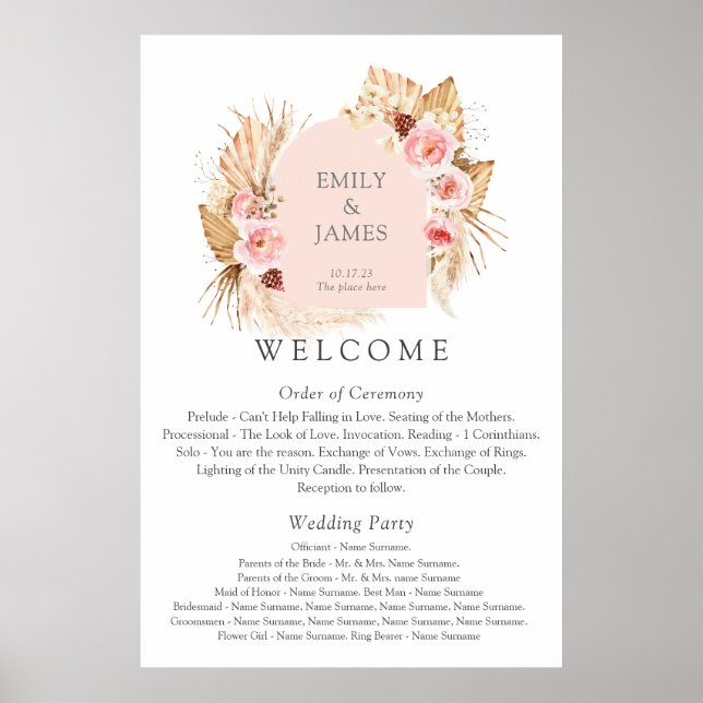 Modernes Boho Pampas Grass Floral Wedposter Poster (Vorne)