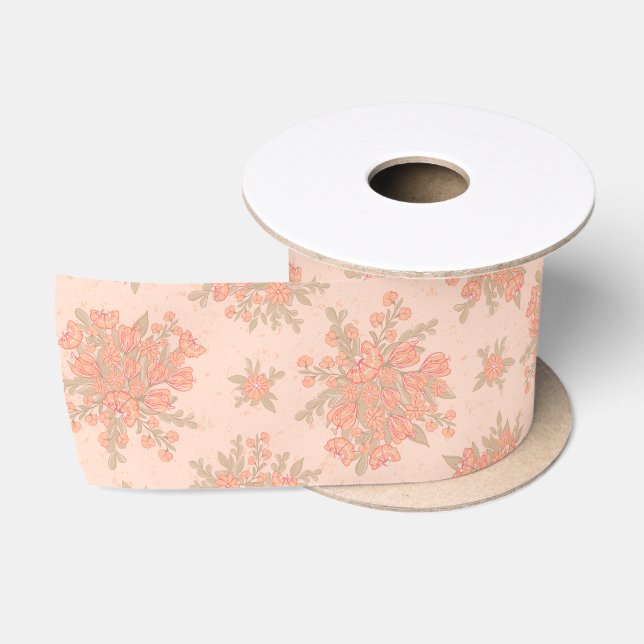 Modernes Boho Peach Orange Blume Blumenmuster Satinband (Spule)