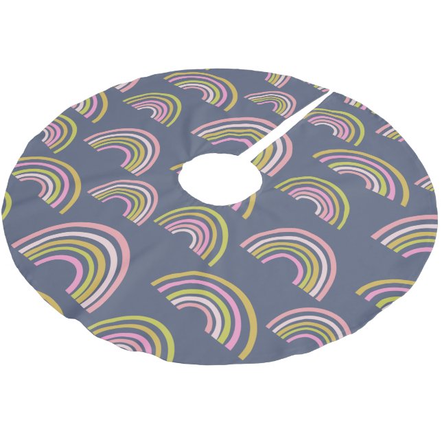 Modernes Boho-Regenbogenmuster in Navy Blue Polyester Weihnachtsbaumdecke (Schrägansicht)