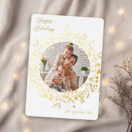 Modernes Boho Wildblume Wreath Foto Gold & Weiß Folien Feiertagskarte