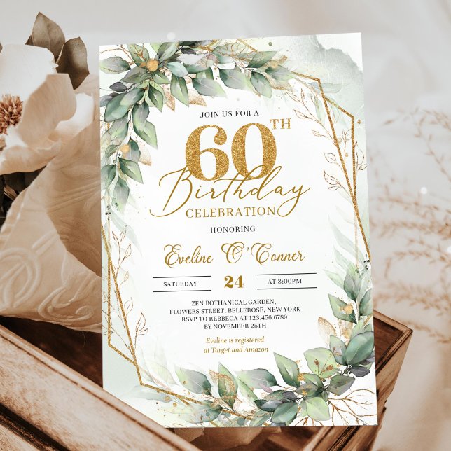 Modernes botanisches Blattgold 60. Geburtstag Einladung (Elegant botanical green eucalyptus gold geometric 60th birthday invitation downloadable)