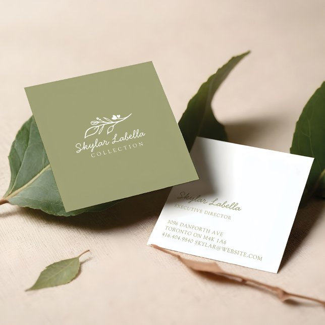 Modernes Botanisches Blumenlogo Logodesign Grün Quadratische Visitenkarte (Modern Floral Botanic Line-art Logo Olive Green Square Business Card)