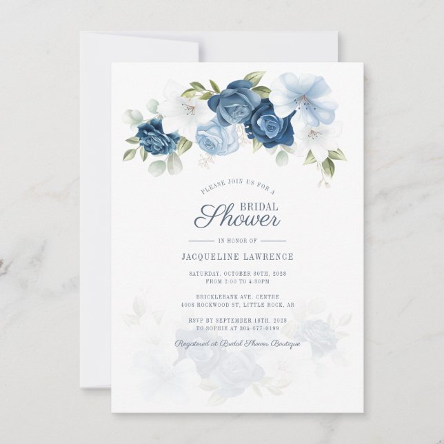 Modernes botanisches Dusty Blue Floral Brautparty Einladung (Vorderseite)