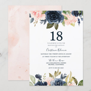 Modernes Botanisches Erröten & Navy Bloral 18. Geb Einladung