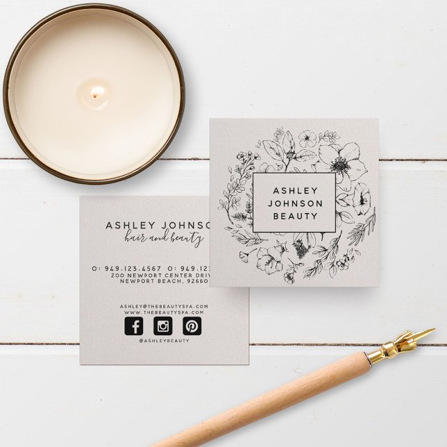 Modernes botanisches Erröten und Schwarz Quadratische Visitenkarte (Easily personalize this business card with your unique details for a fresh, beautiful brand!)