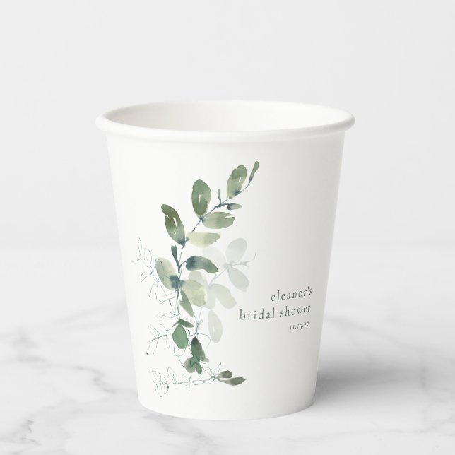 Modernes botanisches Eukalyptus-Brautparty Pappbecher (Vorderseite)