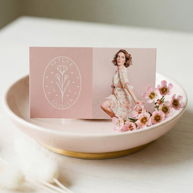 Modernes Botanisches Foto-Logos und -Linien Visitenkarte (Modern Floral Botanic Line-Art Logo & Photo Blush Business Card)