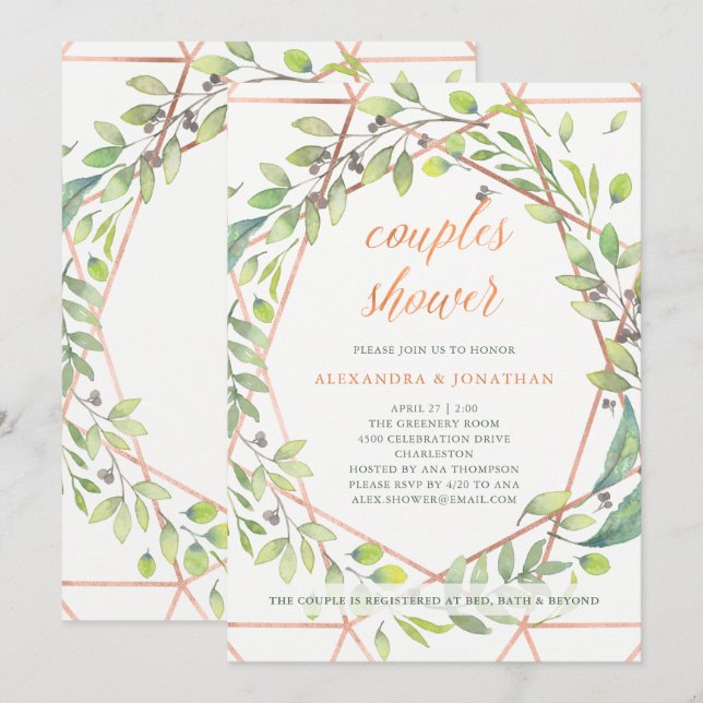 Modernes botanisches | Kupfer Look Couples Dusche Einladung (Vorne/Hinten)