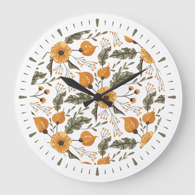 Modernes botanisches Muster Golden Green Große Wanduhr (Vorderseite)